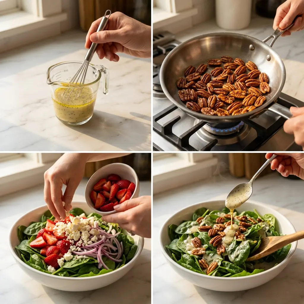 4-step cooking process for strawberry crunch salad showing whisking dressing, toasting pecans, assembling salad, and tossing