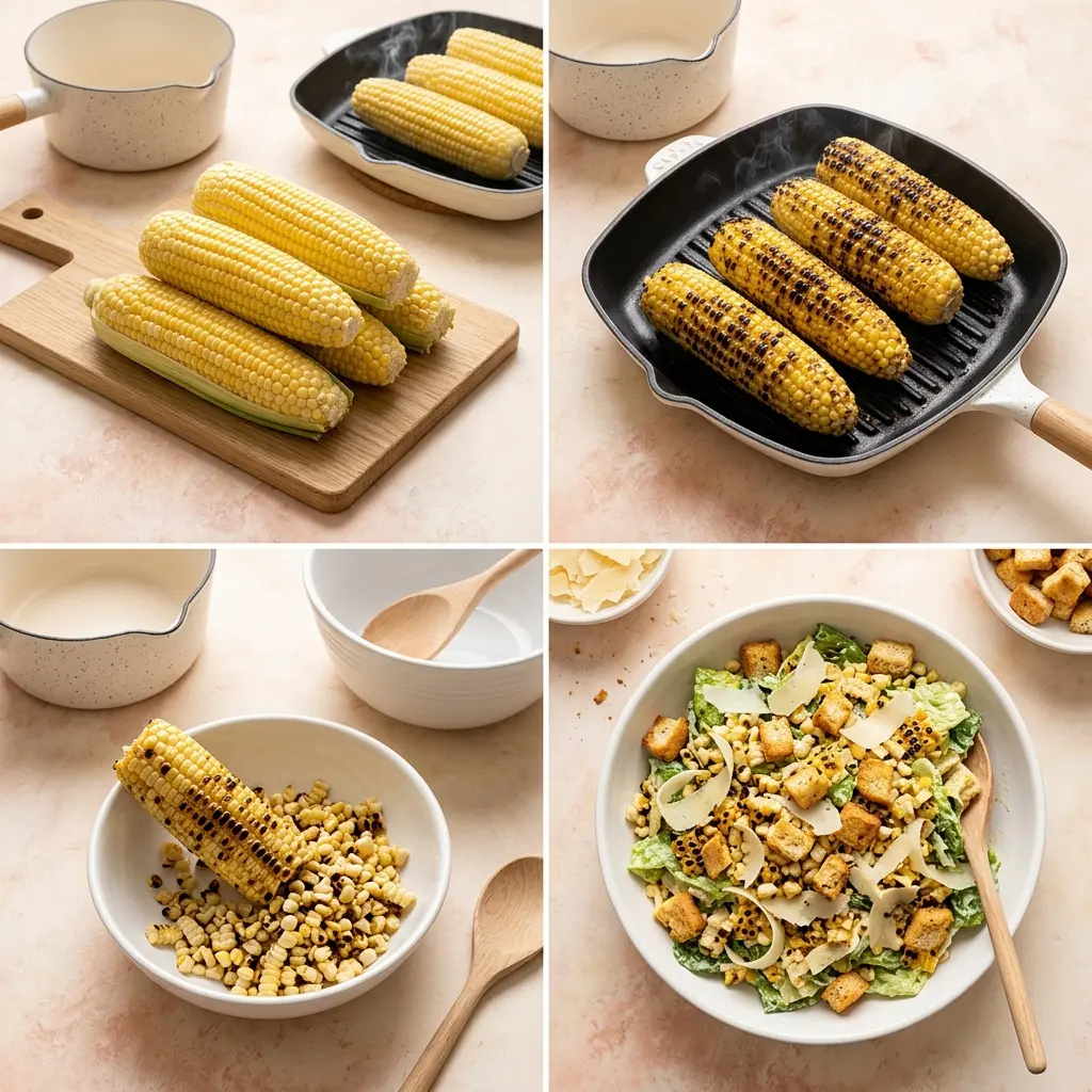 4-step cooking process for summer caesar salad with charred sweet corn showing prep, charring, slicing kernels, and the finished plated salad