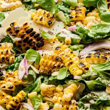 Close-up of Summer Caesar Salad with Charred Sweet Corn (20 Minutes) freshly made and ready to serve
