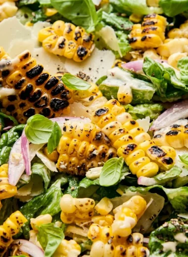 Close-up of Summer Caesar Salad with Charred Sweet Corn (20 Minutes) freshly made and ready to serve