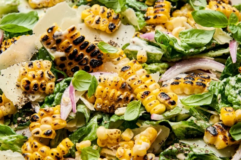 Close-up of Summer Caesar Salad with Charred Sweet Corn (20 Minutes) freshly made and ready to serve