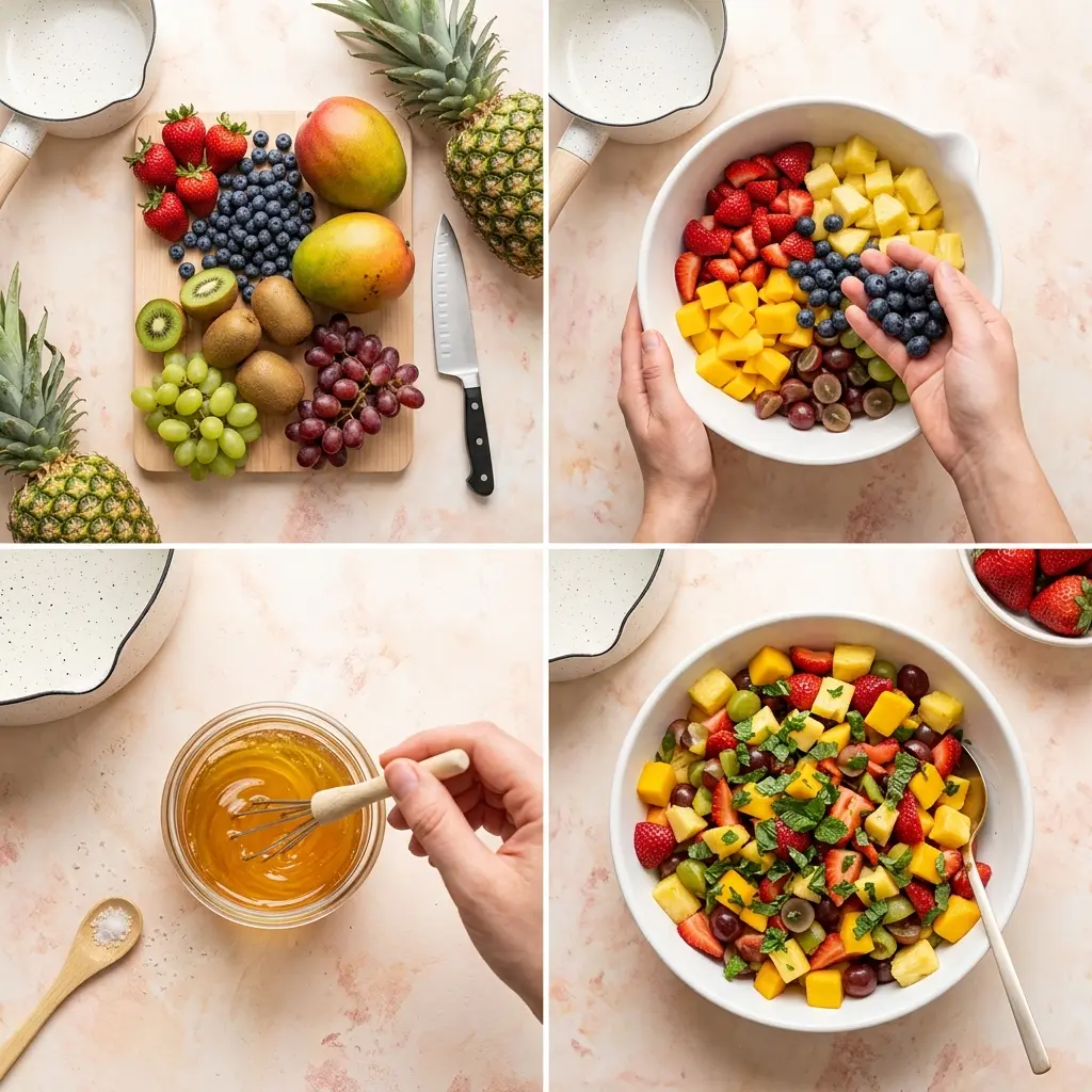 4-step cooking process collage for summer fruit salad showing prep, mixing fruit, making honey lime dressing, and the finished dish