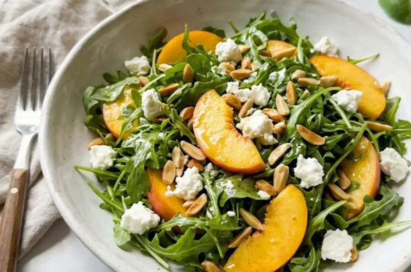 Summer Peach Salad in white bowl with arugula peach slices goat cheese and almonds
