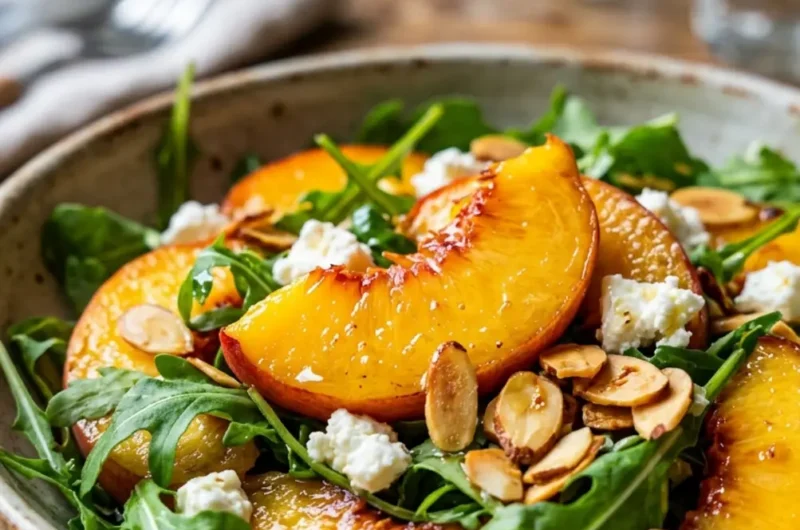Pinterest pin image for Summer Peach Salad with peaches arugula goat cheese and almonds