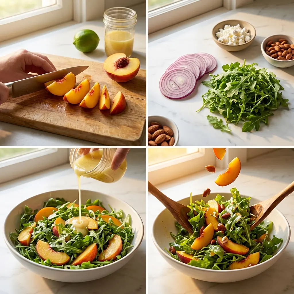 4-step cooking process collage for Summer Peach Salad showing prep, assembling, dressing, and tossing