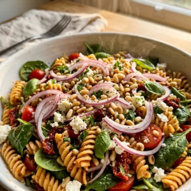 sun-dried tomato pasta salad with feta and spinach in a white ceramic bowl with pine nuts