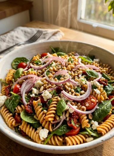 sun-dried tomato pasta salad with feta and spinach in a white ceramic bowl with pine nuts