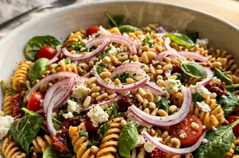 sun-dried tomato pasta salad with feta and spinach in a white ceramic bowl with pine nuts