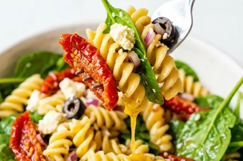 pinterest pin image for sun-dried tomato pasta salad with feta and spinach