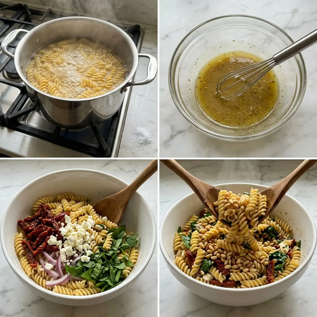 4-step cooking process collage for sun-dried tomato pasta salad with feta and spinach showing boiling, dressing, combining, and final twirl