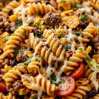 Close-up of Taco Pasta Salad freshly made and ready to serve