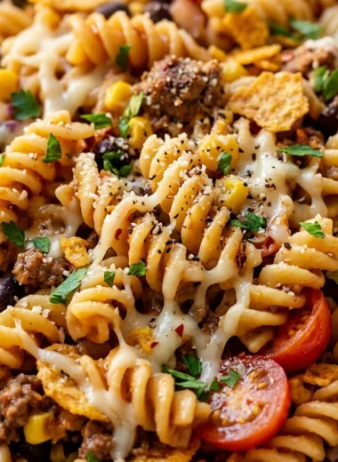Close-up of Taco Pasta Salad freshly made and ready to serve