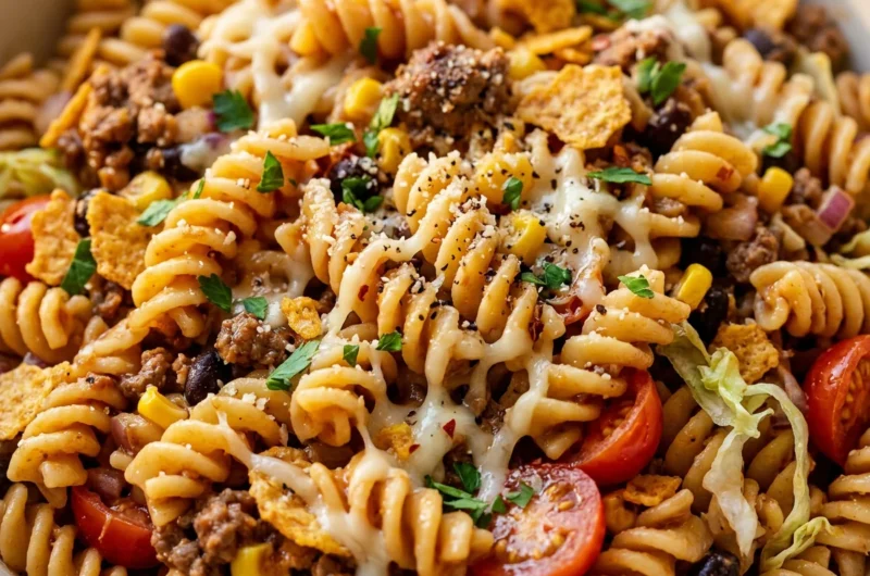 Close-up of Taco Pasta Salad freshly made and ready to serve