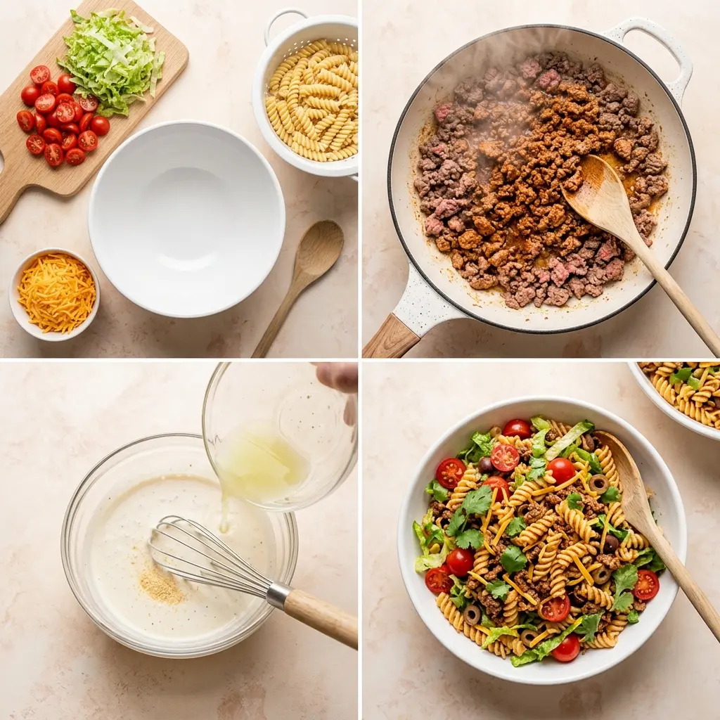 4-step cooking process collage for Taco Pasta Salad showing prep, searing, combining, and plating