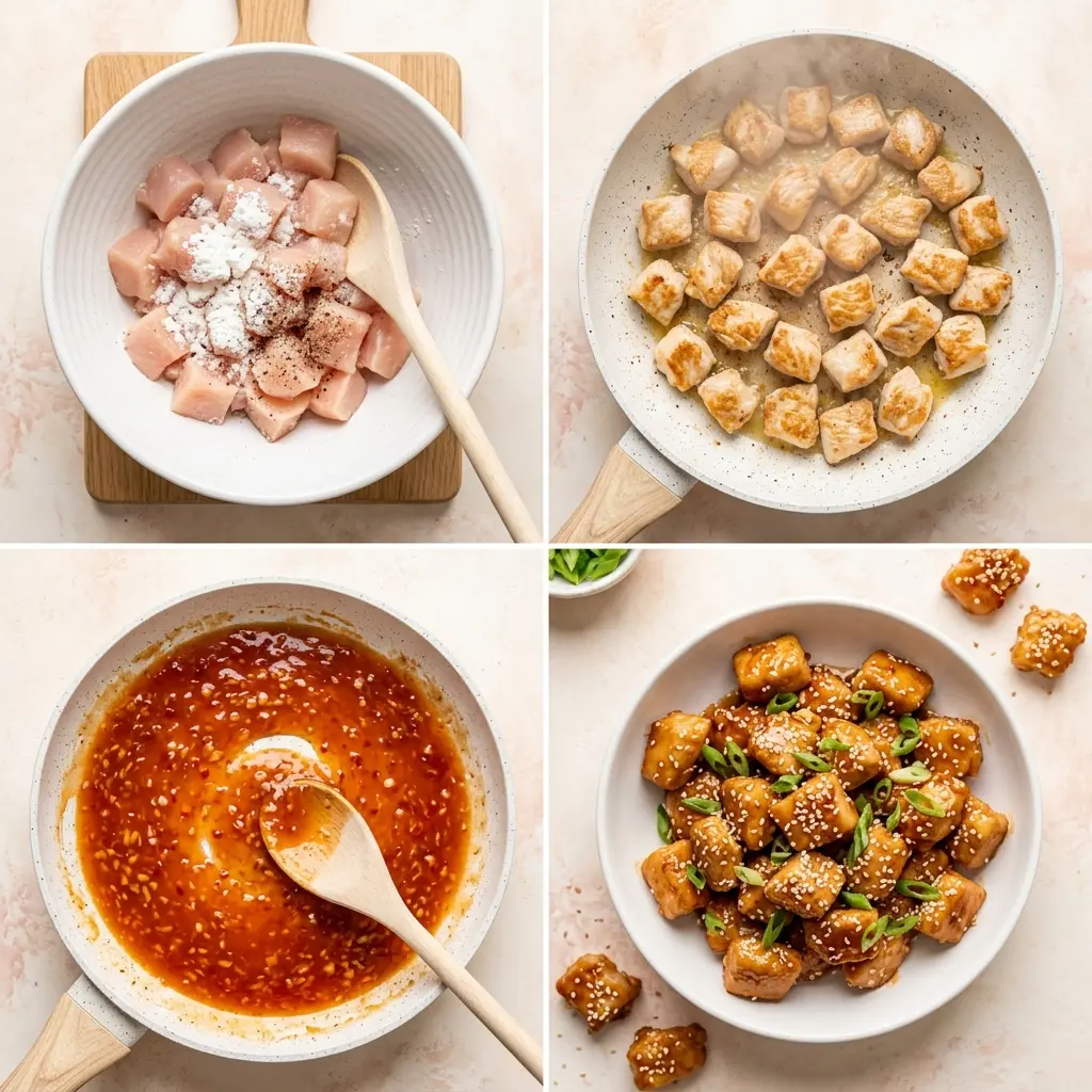 4-step cooking process collage for Thai Chicken Bites showing prep, searing, saucing, and plated bites