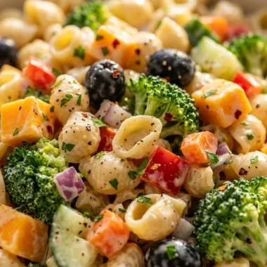 Close-up of The Best Creamy Pasta Salad freshly made and ready to serve