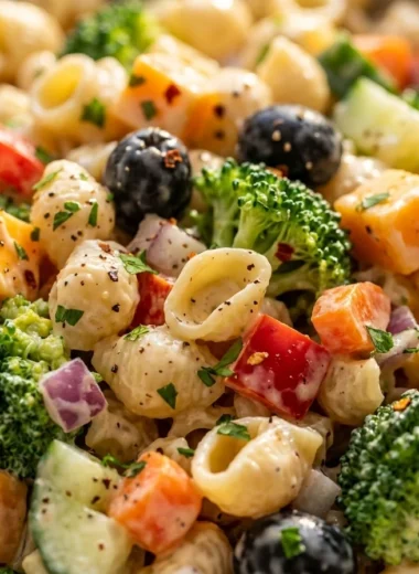 Close-up of The Best Creamy Pasta Salad freshly made and ready to serve