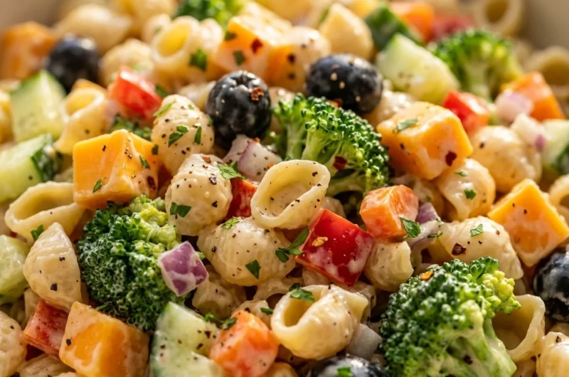 Close-up of The Best Creamy Pasta Salad freshly made and ready to serve
