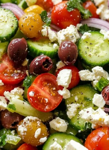 Close-up of The Best Greek Salad freshly made and ready to serve