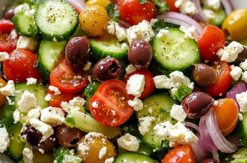Close-up of The Best Greek Salad freshly made and ready to serve