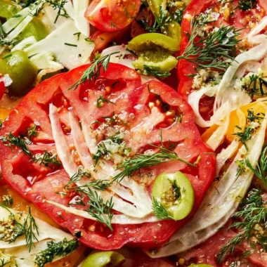 Close-up of The Best Tomato Salad freshly made and ready to serve