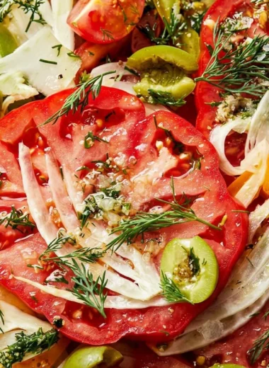 Close-up of The Best Tomato Salad freshly made and ready to serve