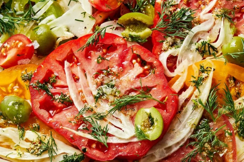 Close-up of The Best Tomato Salad freshly made and ready to serve