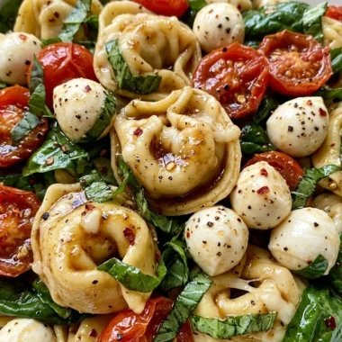 Close-up of Tortellini Caprese Pasta Salad freshly made and ready to serve