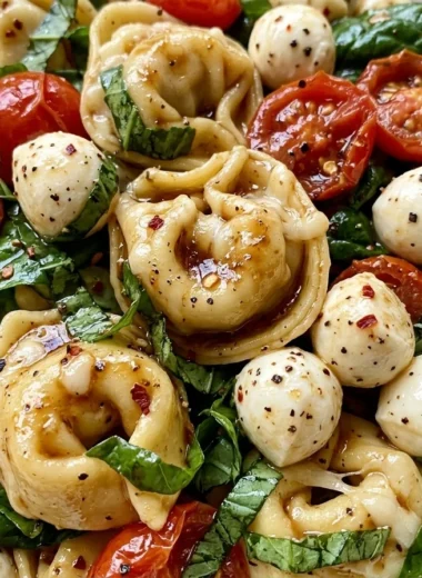 Close-up of Tortellini Caprese Pasta Salad freshly made and ready to serve