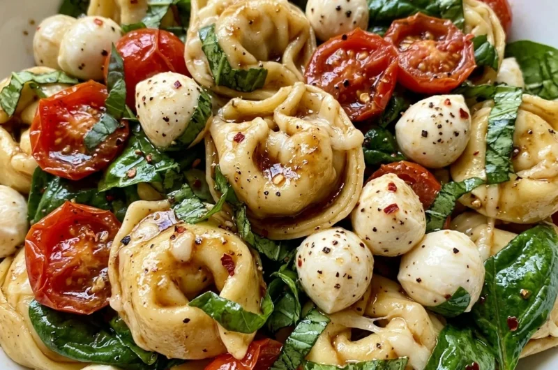 Close-up of Tortellini Caprese Pasta Salad freshly made and ready to serve