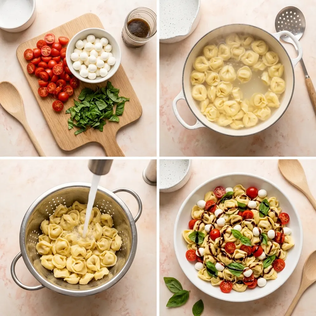 4-step cooking process for tortellini caprese pasta salad showing prep, boiling, draining, and plating