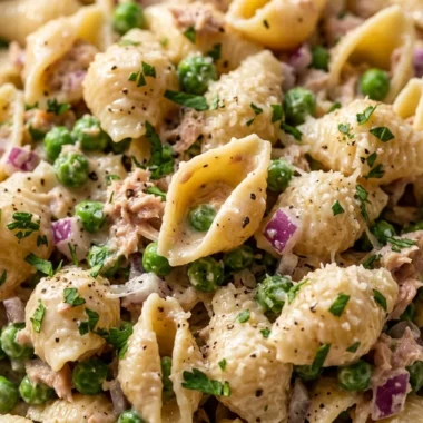 Close-up of Tuna Pasta Salad freshly made and ready to serve