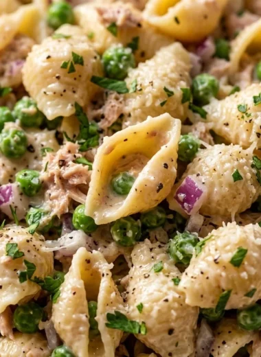 Close-up of Tuna Pasta Salad freshly made and ready to serve