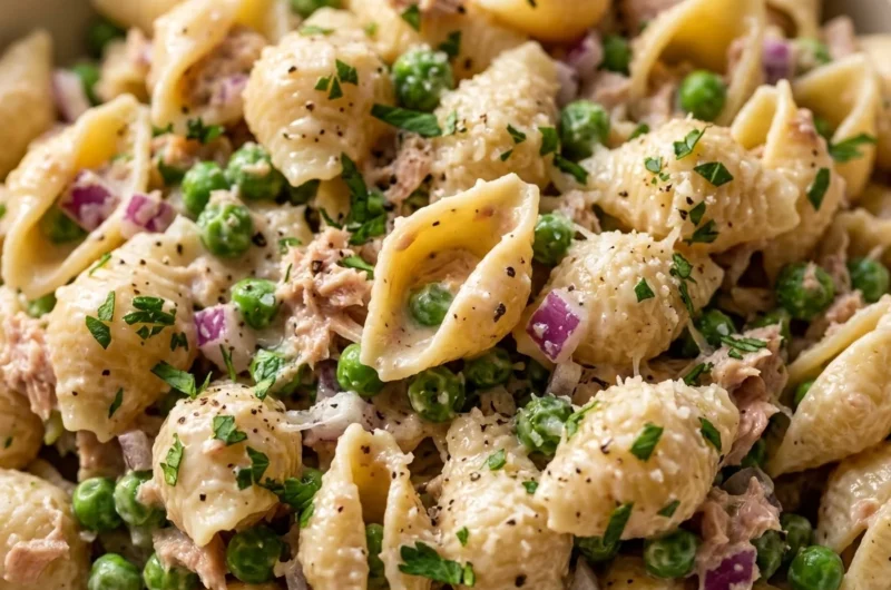 Close-up of Tuna Pasta Salad freshly made and ready to serve