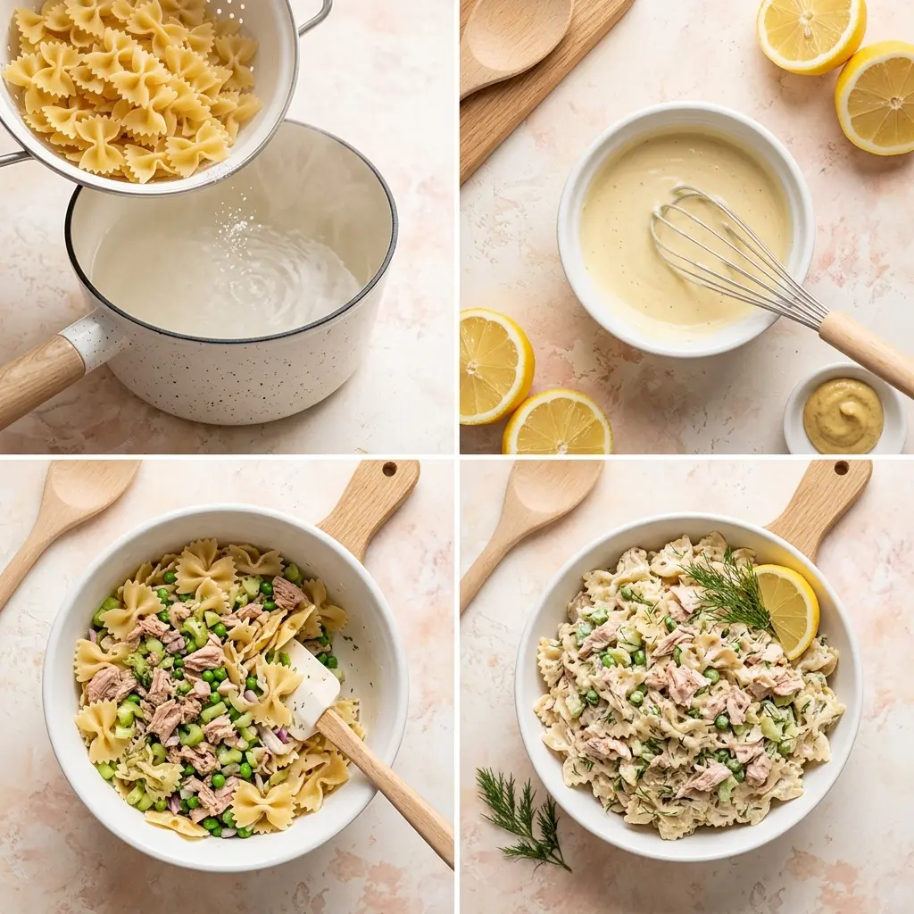 4-step cooking process collage for creamy tuna pasta salad showing pasta cooking, dressing whisking, salad folding, and final plated dish