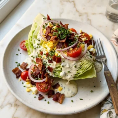 classic wedge salad with blue cheese dressing and bacon on a white plate