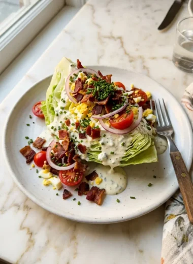 classic wedge salad with blue cheese dressing and bacon on a white plate