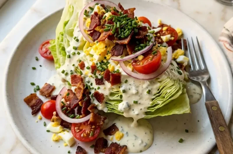 classic wedge salad with blue cheese dressing and bacon on a white plate