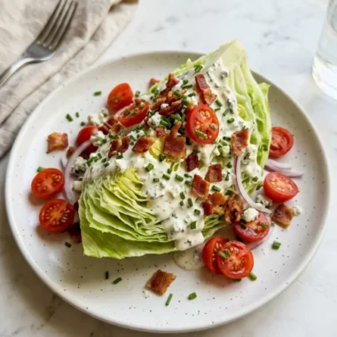 Classic wedge salad with blue cheese dressing and crumbled bacon on a white plate