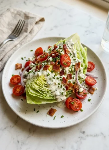 Classic wedge salad with blue cheese dressing and crumbled bacon on a white plate