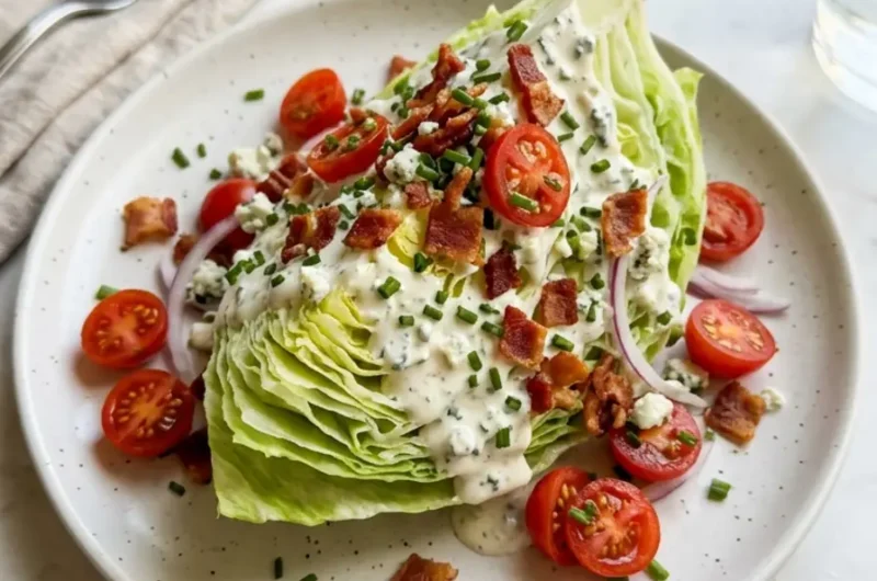 Classic wedge salad with blue cheese dressing and crumbled bacon on a white plate