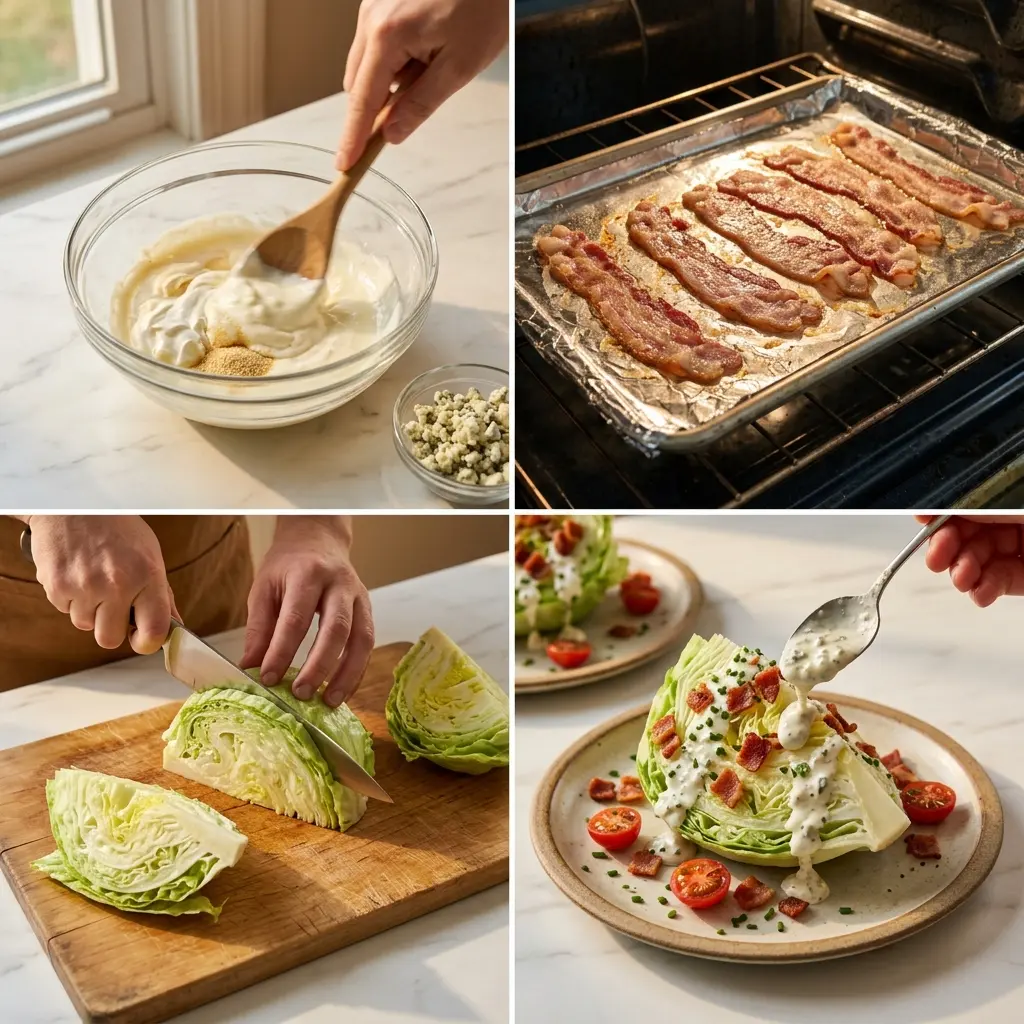 4-step cooking process collage for classic wedge salad showing dressing, bacon, cutting, and plating
