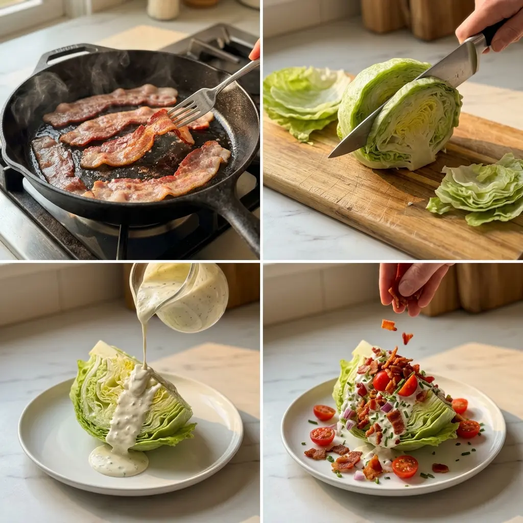 4-step cooking process collage for wedge salad showing bacon frying, cutting, dressing, and garnishing