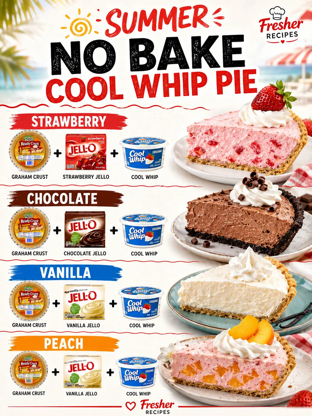 Home page 6 Four no-bake Cool Whip pies - strawberry, chocolate, vanilla and peach