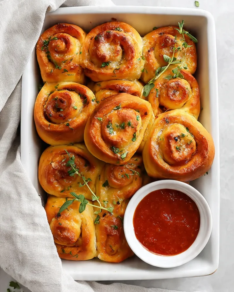 Overhead view of a baking dish of pepperoni pizza rolls served with extra marinara sauce on a marble counter