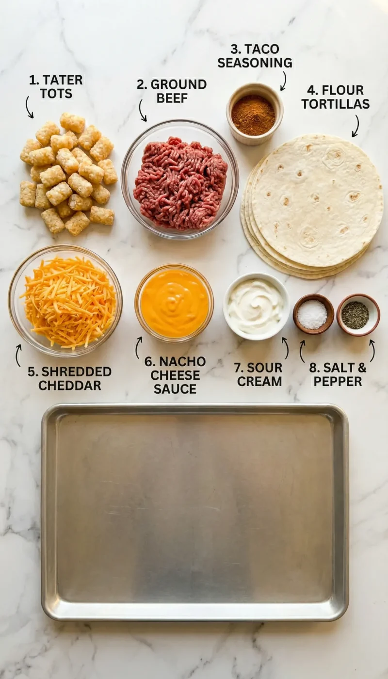 Overhead flat-lay of all 8 ingredients for cheesy potato burritos on white marble including tater tots, ground beef, tortillas, and nacho cheese sauce.