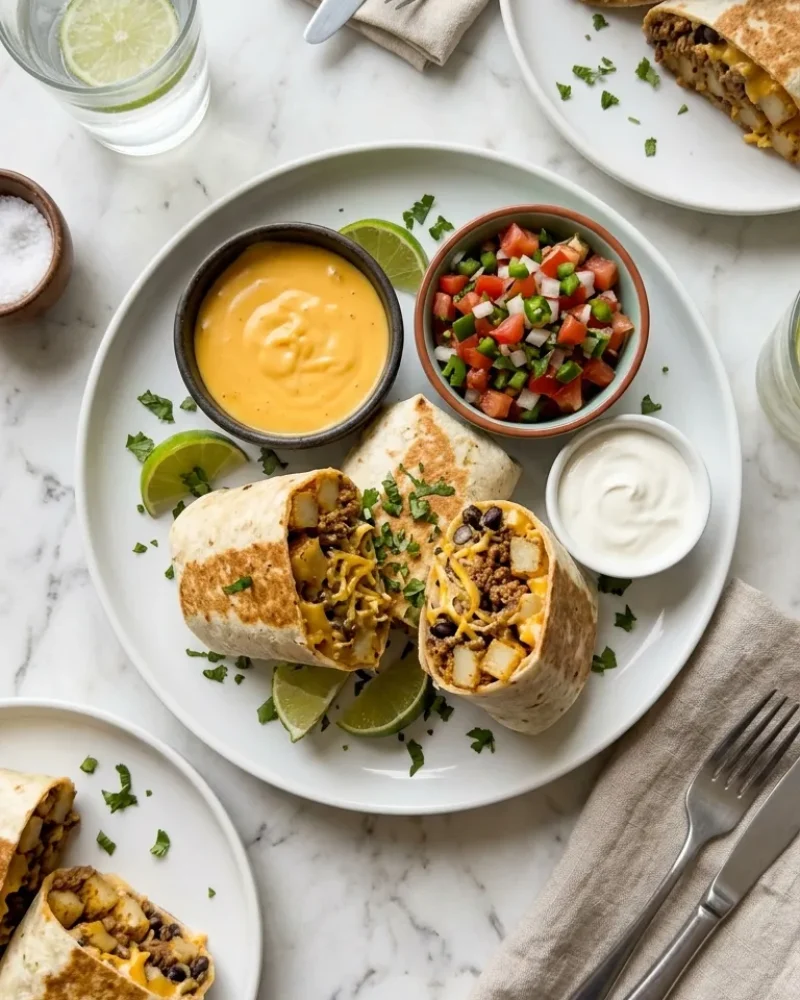 Overhead view of cheesy potato burrito dinner spread with nacho cheese dip, pico de gallo, and sour cream on white marble.