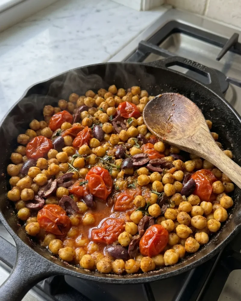 Mediterranean chickpea filling cooking in a skillet with burst cherry tomatoes, olives, and warm spices for stuffed sweet potato boats