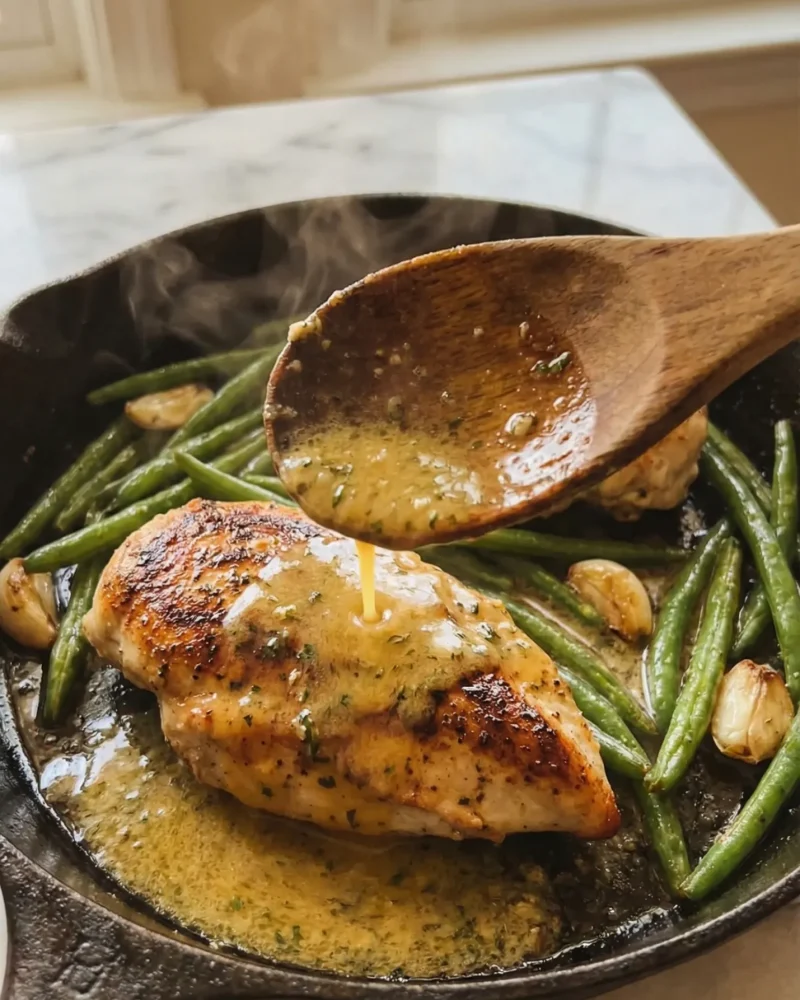 Spoon slowly pouring golden garlic butter sauce over a seared chicken breast in a skillet