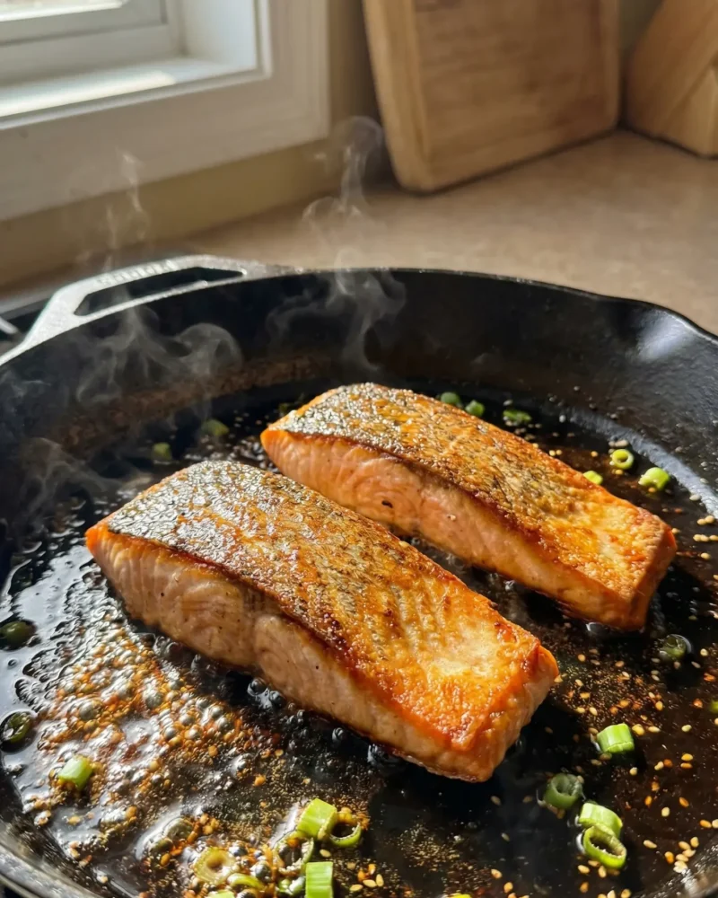 Salmon fillets searing skin-side down in a hot skillet with soy ginger glaze bubbling